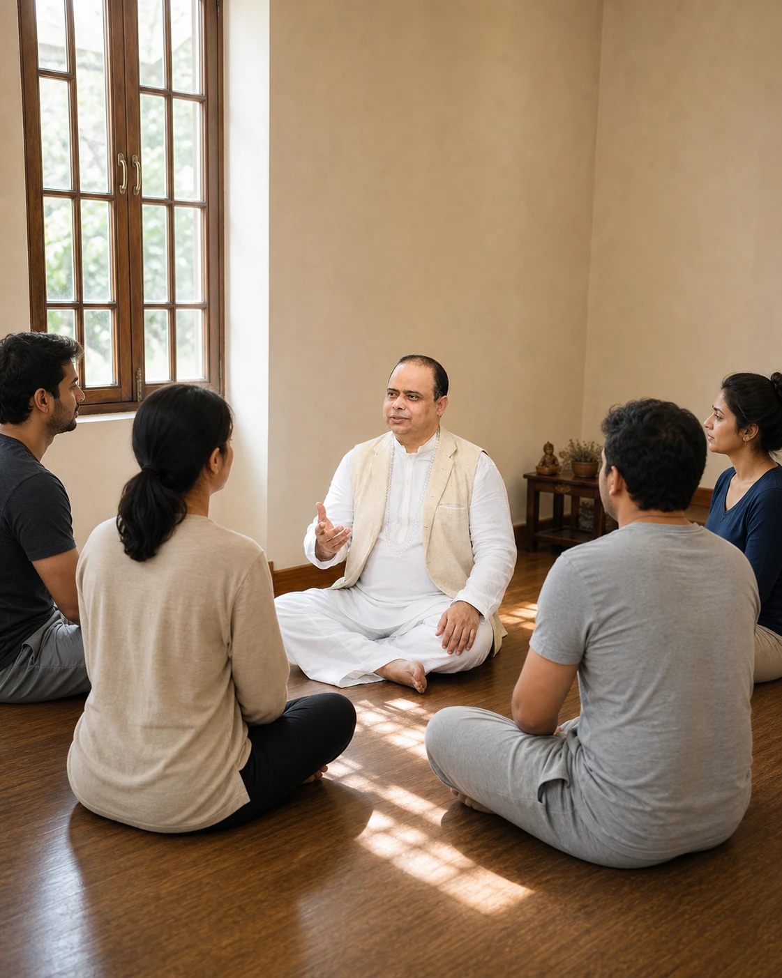 Bheem Sain guiding four people in a seated meditation practice