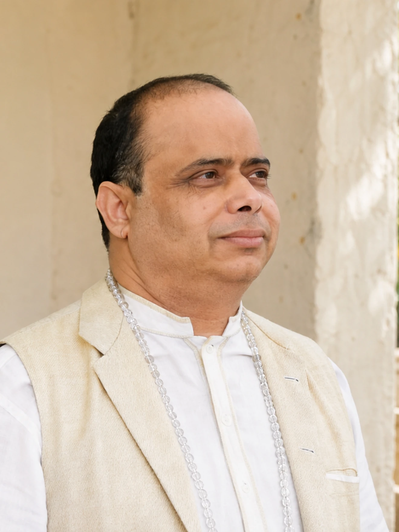 Bheem Sain in a cream waistcoat and white kurta